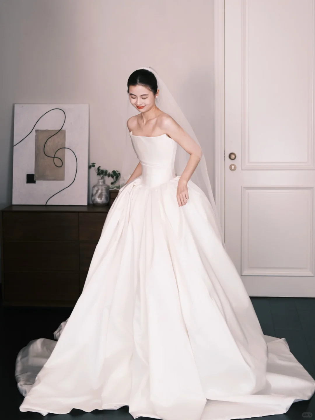 Strapless Satin Wedding Gown, Minimalist A Line Bridal Dress with Long Train  NV7348