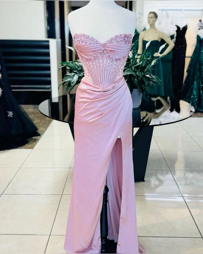 Blue Gorgeous Shiny Exquisite Beaded Long satin Slit Elegant Sexy Ball Gown Evening Dress Party Dress nv4148