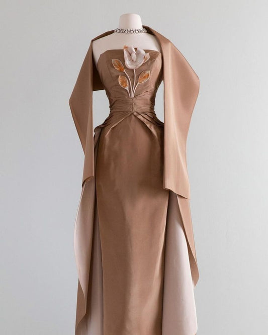 Brown Vintage Elegant Exquisite Floral Long Satin Ball Gown Evening Dress Party Dress nv3528