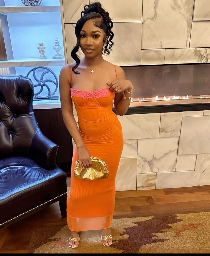 Orange Fashion Spaghettiträger Spitze Langes Ballkleid Abendkleid Partykleid nv2847