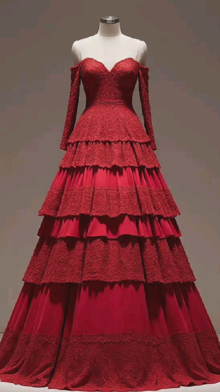 NiceVestidos-Red Lace and Satin Paneled Off-Shoulder Long Sleeve Floor-Length Tiered Gown NV6165