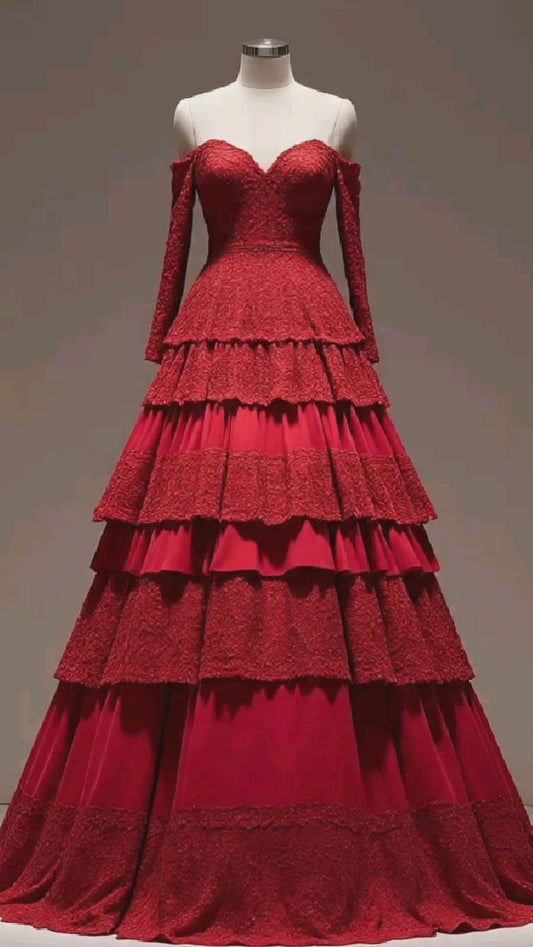 NiceVestidos-Red Lace and Satin Paneled Off-Shoulder Long Sleeve Floor-Length Tiered Gown NV6165