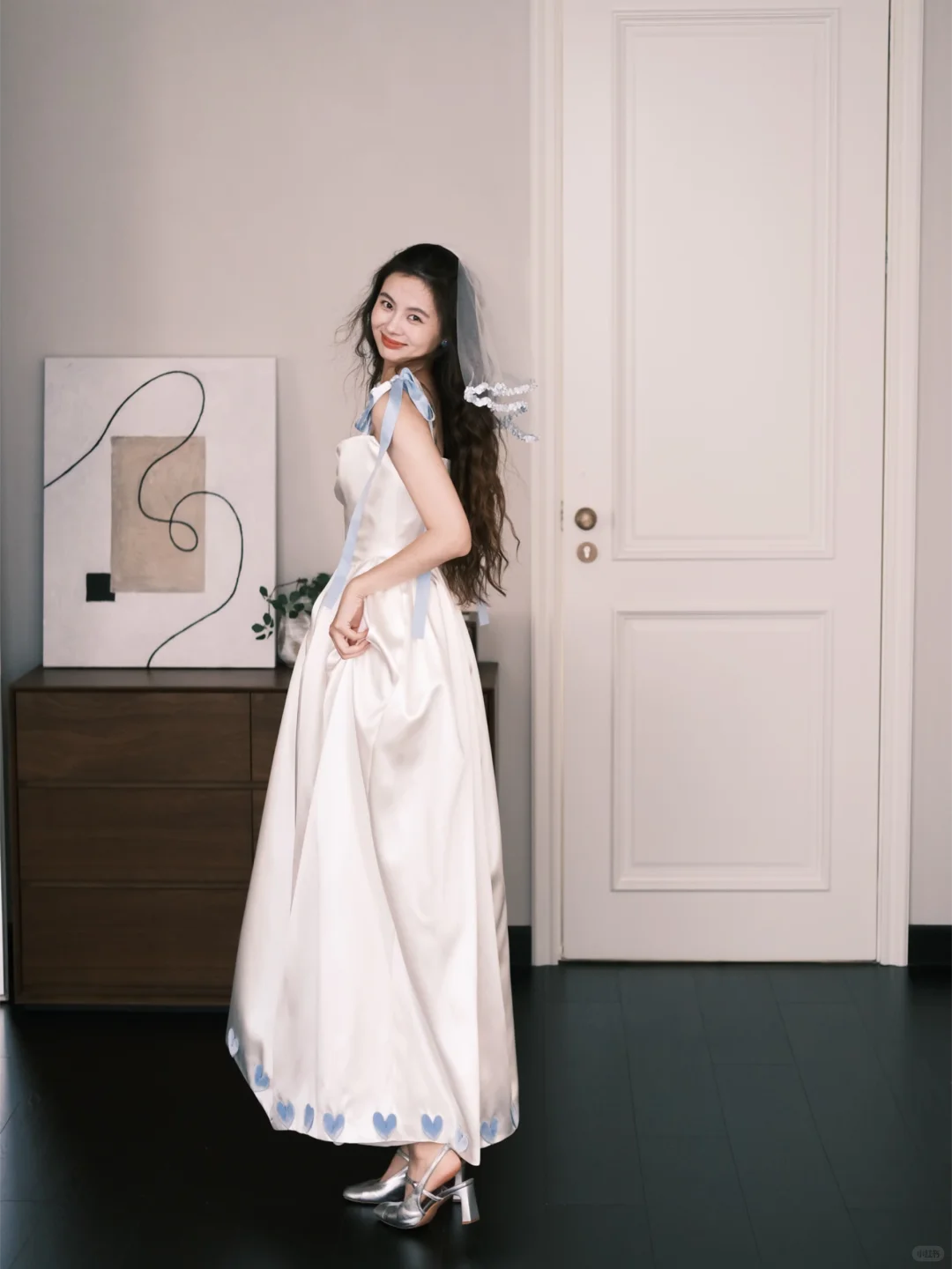 Square Neck Satin Midi Bridal Gown Bow Strap 3D Heart Wedding Dress  NV7200