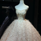 Light Pink Strapless Ball Gown, Sweetheart Neck Beaded Embroidery Sparkly Feather Tassel Skirt Prom Dress  NV7090