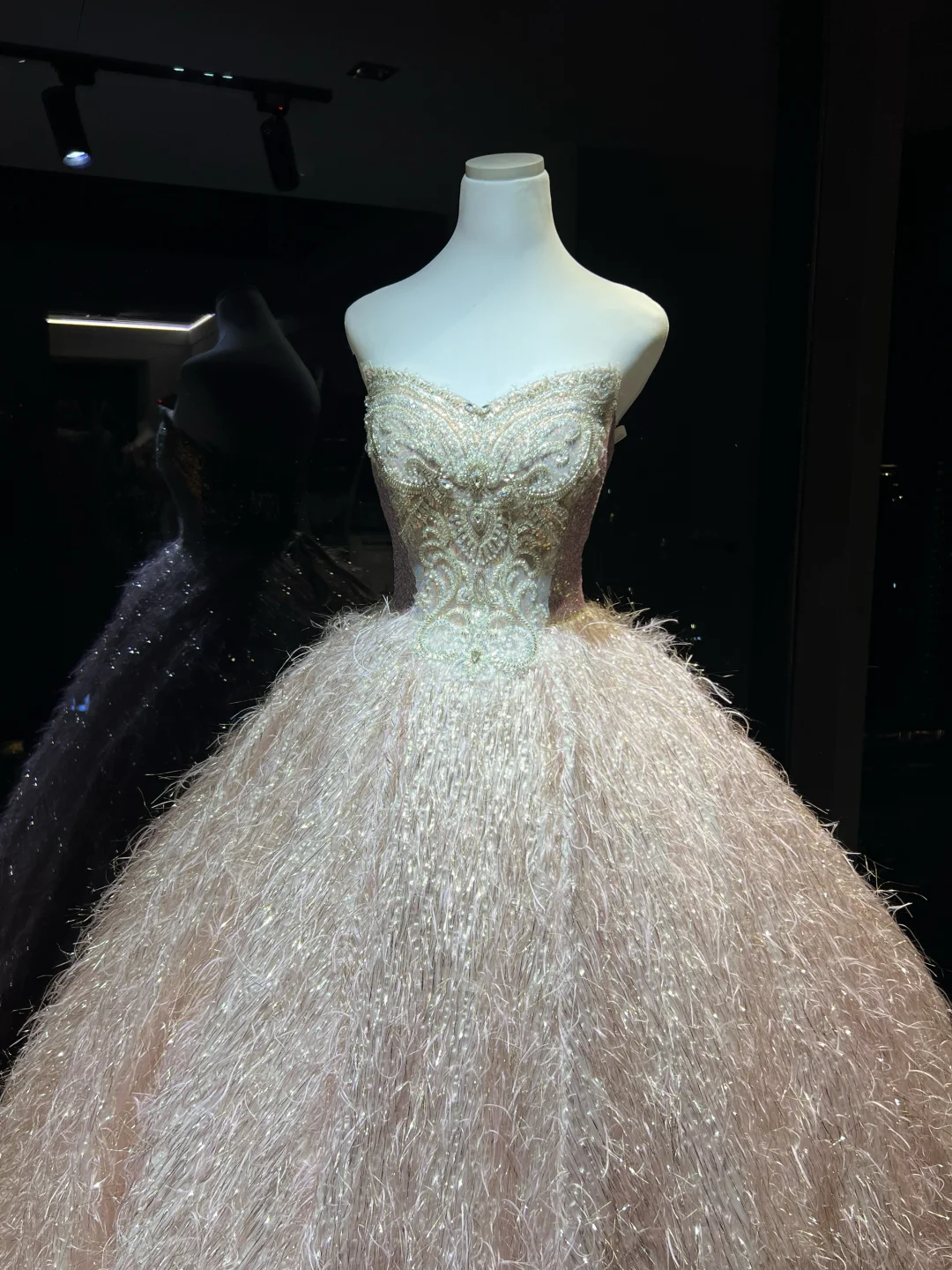 Light Pink Strapless Ball Gown, Sweetheart Neck Beaded Embroidery Sparkly Feather Tassel Skirt Prom Dress  NV7090