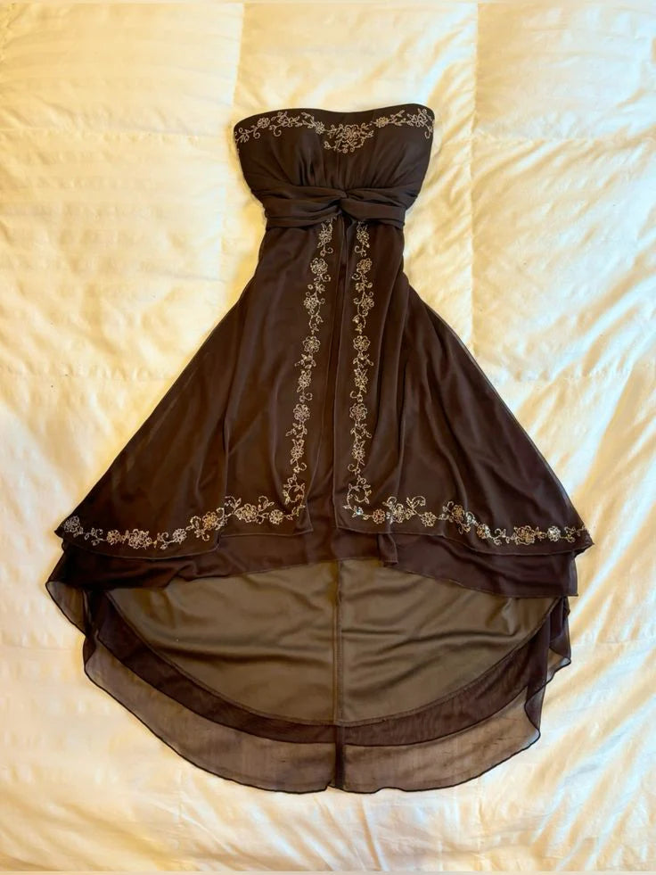 Braunes Vintage-Blumen-Tube-Top, mittellanges Chiffon-Heimkehrkleid, Ballkleid, Abendkleid, Geburtstagspartykleid, nv4493