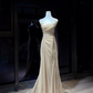 Champagne Square Neck Mermaid Evening Dress, Ruched Shiny Gown with Feather Shawl & Rhinestone Chain  NV7086