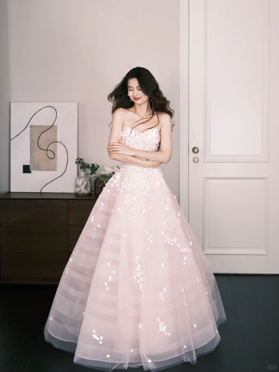 Sweetheart Strapless Pink Tulle Ball Gown, 3D Flower Beaded Princess Prom Dress  NV7305