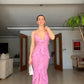 Rosa Spaghettiträger Rüschen Maxikleid Langes Partykleid Abendkleid nv2695