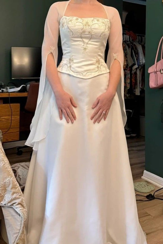 Elegant Retro Style Cream Satin Embroidered Halter Gown - Wedding Toast & Dinner Party Dress NV6388