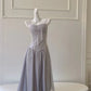 NiceVestidos - Robe de bal longue en tulle à franges et sequins, gris argenté scintillant, coupe trapèze, col licou, NV5950