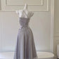 NiceVestidos - Robe de bal longue en tulle à franges et sequins, gris argenté scintillant, coupe trapèze, col licou, NV5950