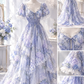 Blue Purple Hydrangea Floral Print Prom Ball Gown, V Neck Puff Sleeve Tiered Tulle Evening Dress  NV7450
