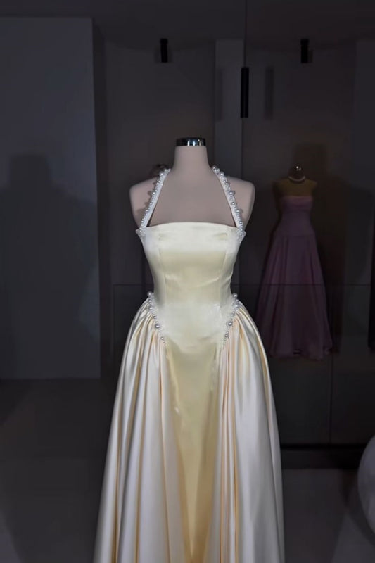 NiceVestidos--Cream Colored /black Pearl Decorated Halter Prom Dress NV5761