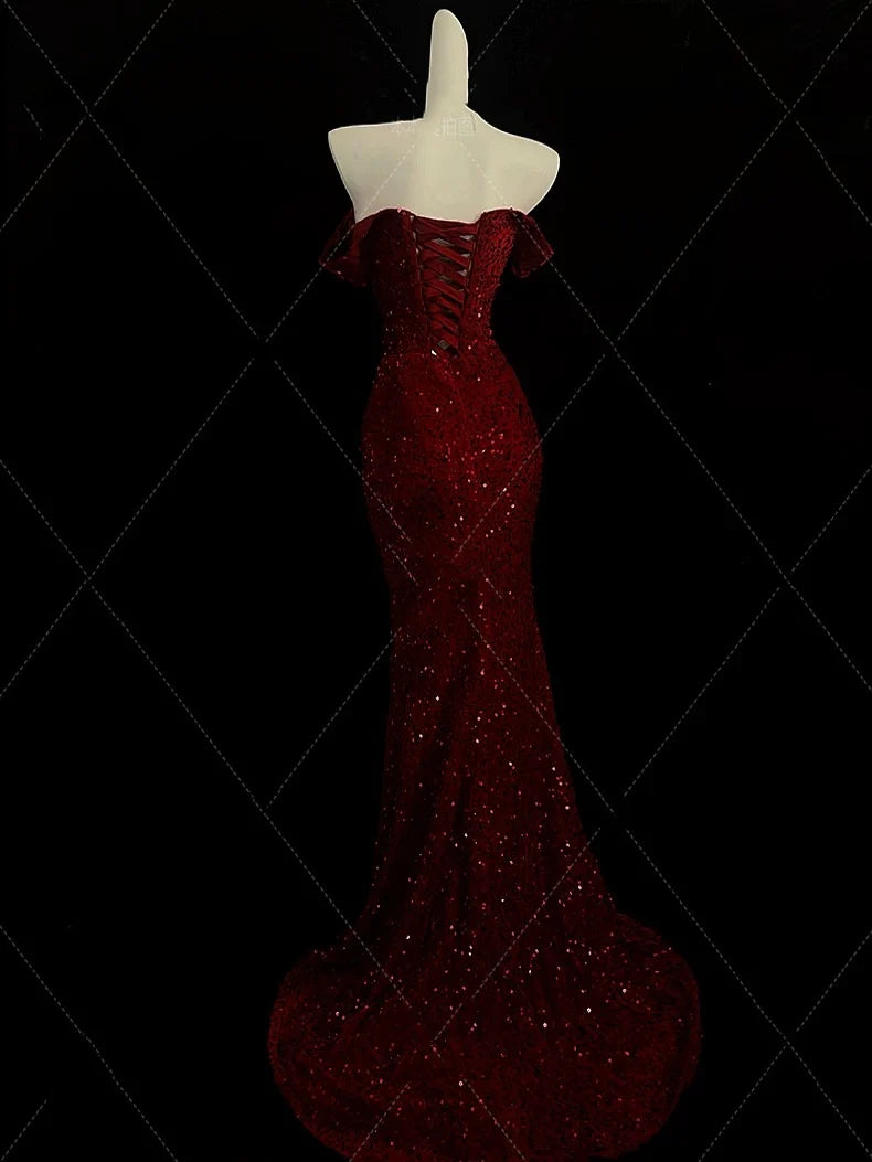 Elegantes Meerjungfrau-Abendkleid mit Herzausschnitt und Schlitz in Rot mit Pailletten, lang, Ballkleid nv4151