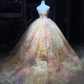 Pink Yellow Ombre 3D Floral Tulle Long Evening Gown Strapless Puffy Ball Gown Prom Dress  NV7076