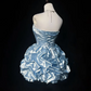 Light Blue Strapless Short Homecoming Dress Ruched Satin Puffy Ruffle Skirt Rhinestone Formal Cocktail Gown  NV6907
