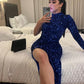 Robe de soirée sexy à col haut et fente latérale, bleu brillant, à paillettes, longue, nv3190