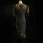 Black 1920s Gatsby Flapper Midi Dress, V Neck Short Sleeve, Gold Beaded Fringe, Vintage Evening Gown, Homecoming Dress  NV6908