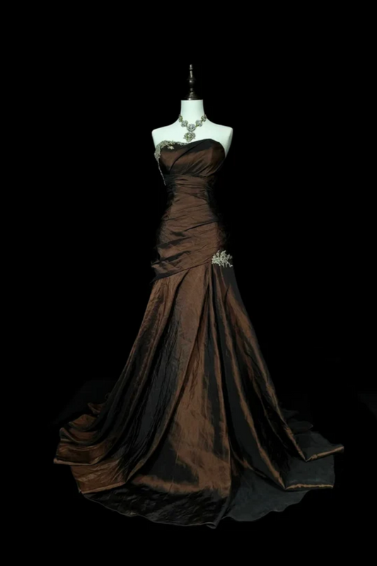 Luxury High-End Style Dark Brown Gradient Satin Mermaid Gown - Elegant Dress for Dinner & Red Carpet NV6386