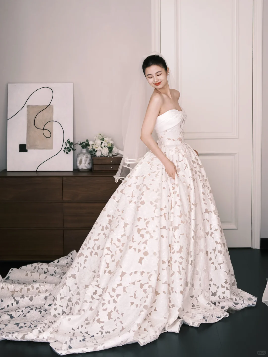 Strapless Lace A Line Wedding Dress Floral Cutout Long Train Bridal Gown  NV7207