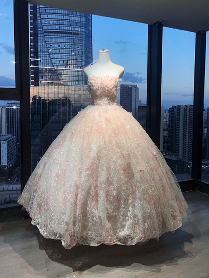 Strapless Champagne Blush Prom Dress 3D Flower Beaded Lace Tulle Princess Ball Gown  NV7056