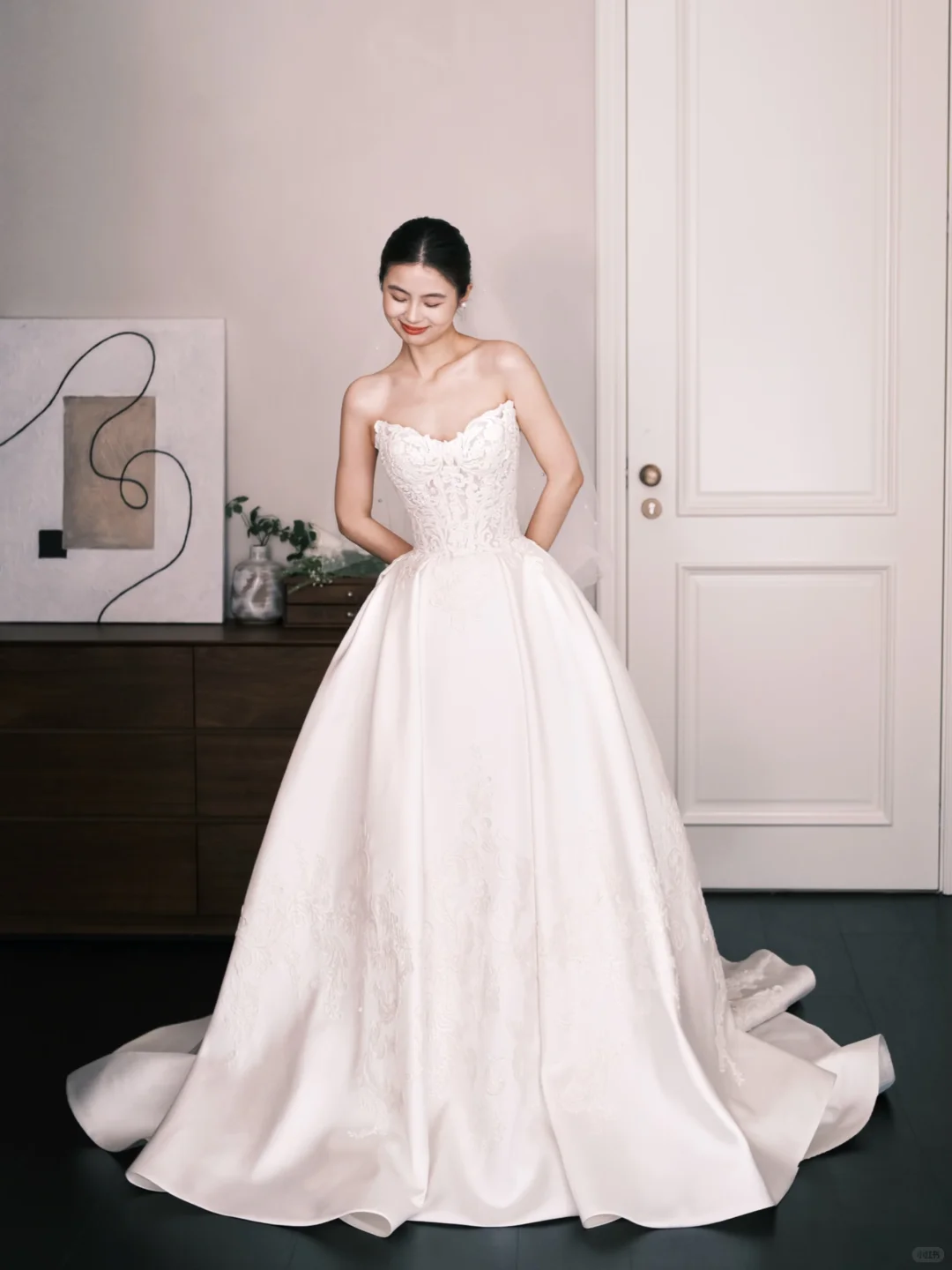 Sweetheart Strapless Satin Wedding Ball Gown, Lace Embroidery Bridal Dress  NV7328