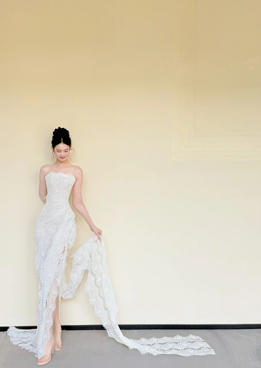 Strapless White Lace Mermaid Gown with High Slit & Ruffle Train  NV7415
