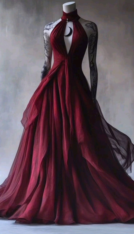 NiceVestidos-Burgundy Tulle Halter-Neck Moon Embellished Floor-Length Dark Romantic-Style Gown NV6215