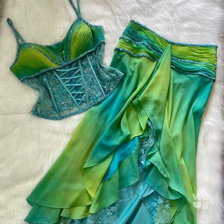 Robe de soirée courte en mousseline de soie, dégradé de couleurs, deux pièces, verte, pour fête d'anniversaire, nv4355