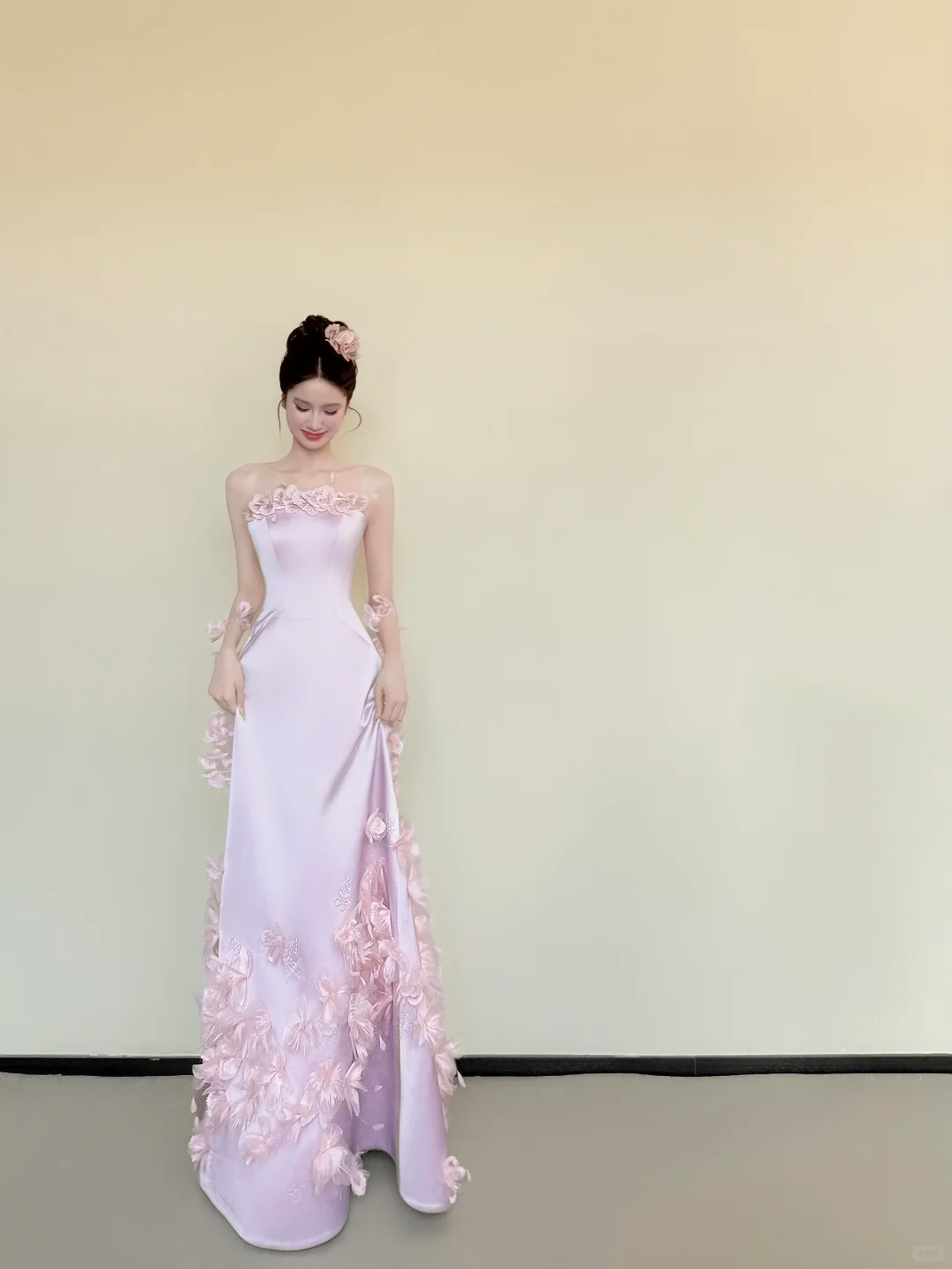 Light Pink Strapless Satin Prom Dress with 3D Floral Appliques, A-Line Long Evening Gown  NV7438