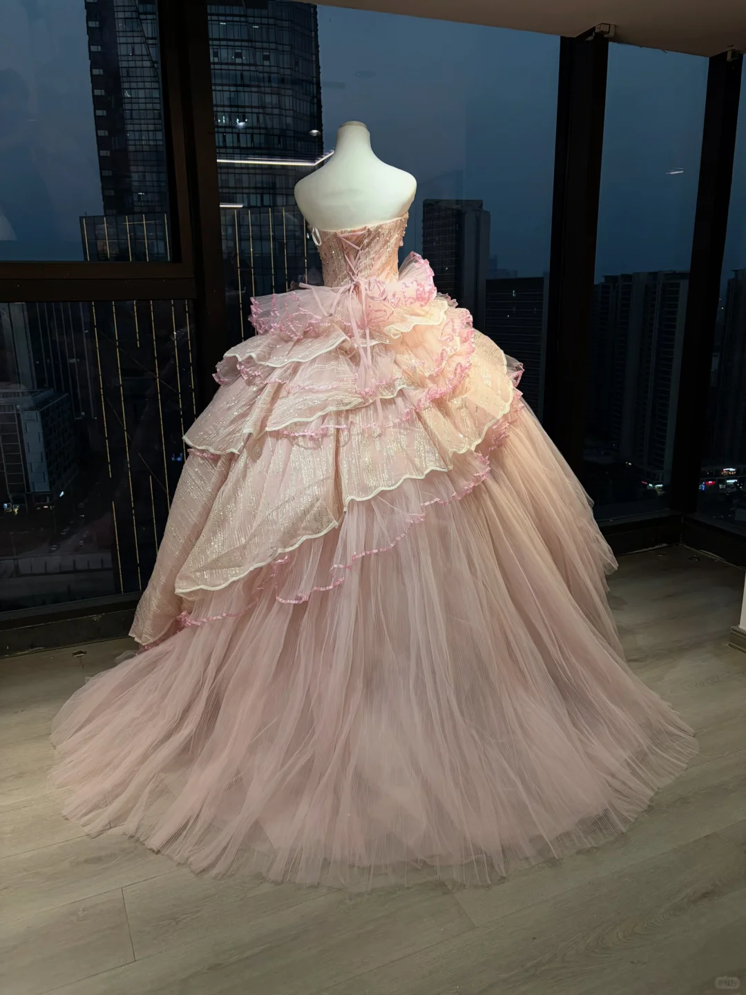 Strapless Pink Prom Dress Hand Beaded Sequin Tiered Glitter Tulle Cake Ball Gown  NV7055