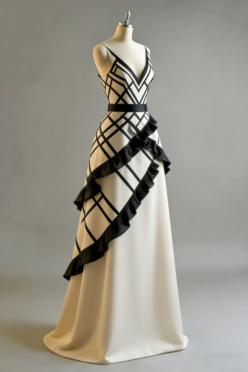 (Exclusive Original Design Dress)Modern Luxury Style Black & White Geometric Paneled V-Neck Camisole Floor-Length Gown - High-End Dress for Dinner & Cocktail Party NV6341