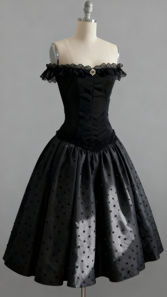 (Exclusive Original Design Dress)Short Homecomming Dress Off-Shoulder Short-Sleeve Black Satin Polka Dot Dress | Dark Vintage Lace Trim Mini Gown for Gala Party NV6312