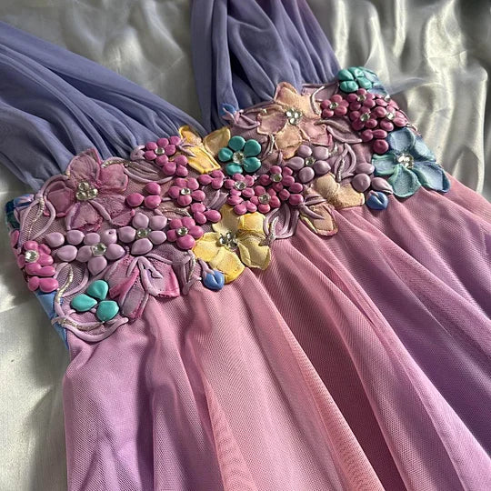 NiceVestidos--Gradient Homecoming Dress Purple Pink Fashion Gradient Exquisite Floral Short Chiffon Flower Fairy Dress Elf Dress Nv5582