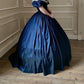 Blaues Taft Vintage A-Linie Spitzenkragen blaue Schleife elegantes langes Ballkleid Ballkleid Abendkleid nv2628