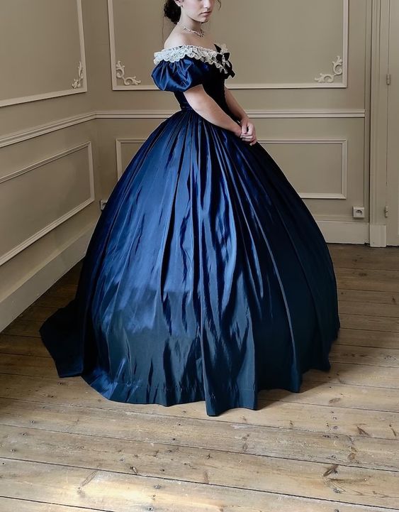 Blaues Taft Vintage A-Linie Spitzenkragen blaue Schleife elegantes langes Ballkleid Ballkleid Abendkleid nv2628