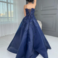 Navy Blue 3D Floral Beaded Ball Gown - Strapless Floor-Length Evening Dress NV6873