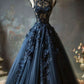Marineblaues, wunderschönes, exquisites Spitzen-Abendkleid aus elegantem, langem Tüll, Ballkleid, NV3364