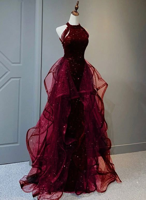 NiceVestidos-Burgundy Gradient Sequin Halter-Neck Tulle Shawl Mermaid Gown NV6223