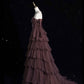 Dark Brown Tulle Strapless Beaded Tiered Train Starry-Sky Style Gown NV6229