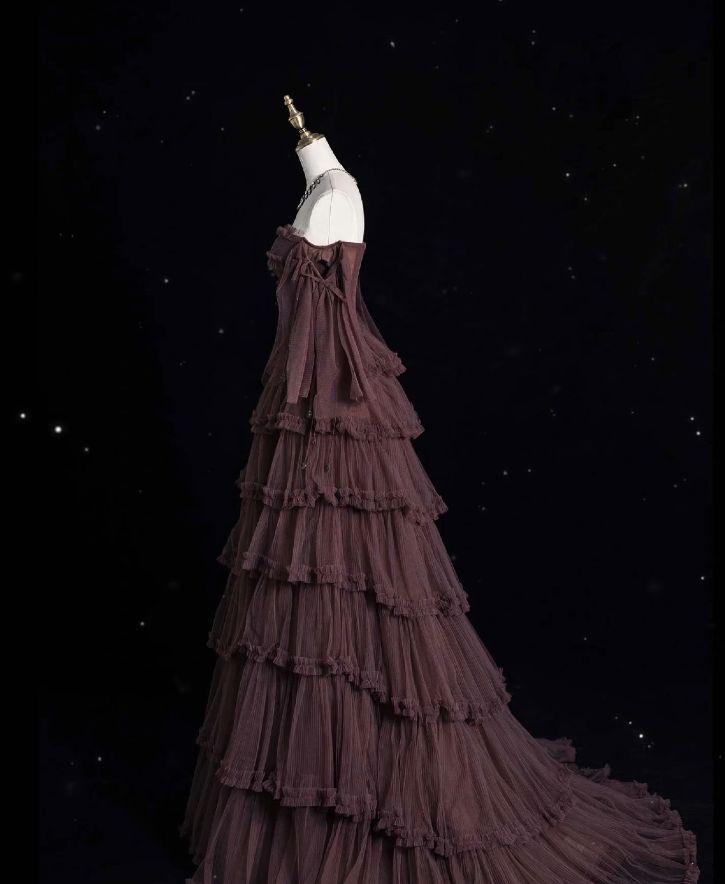 Dark Brown Tulle Strapless Beaded Tiered Train Starry-Sky Style Gown NV6229