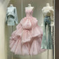 Pink Elegant Sweet Fairy Exquisite Floral Applique Long Layered Tulle Ball Gown Evening Dress Wedding Dress nv3819