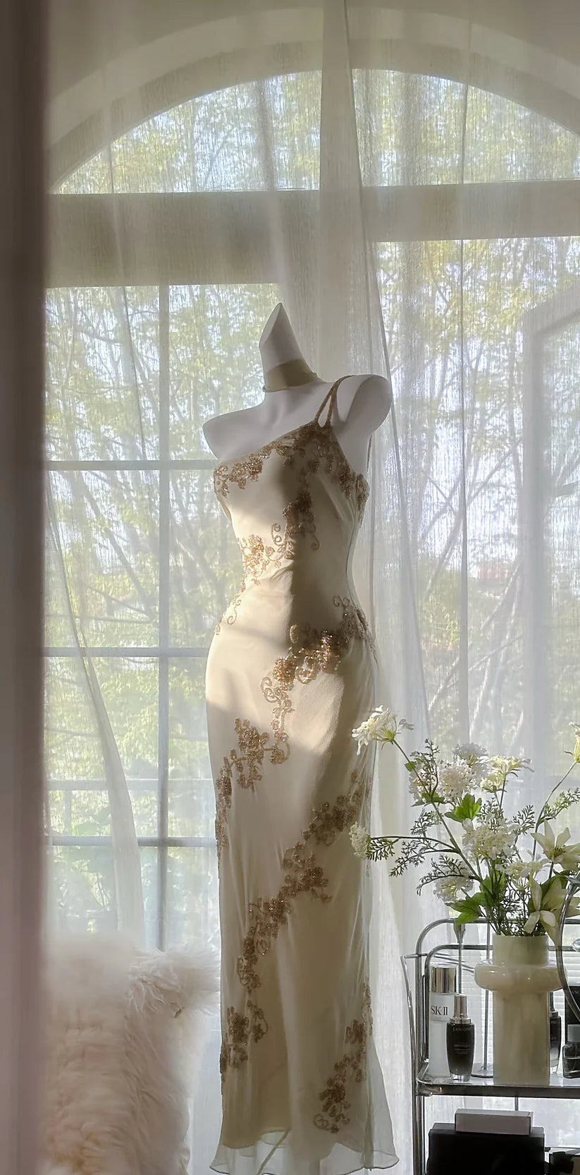 Robe de soirée trapèze beige élégante, longue, en mousseline de soie, style sirène, coupe slim, style rétro, cadeau d'anniversaire, robe de bal, nv3990