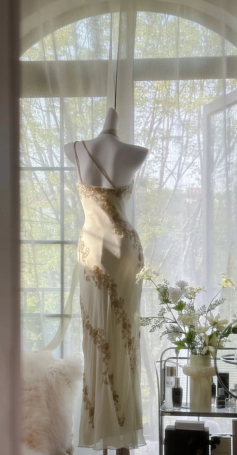 Robe de soirée trapèze beige élégante, longue, en mousseline de soie, style sirène, coupe slim, style rétro, cadeau d'anniversaire, robe de bal, nv3990