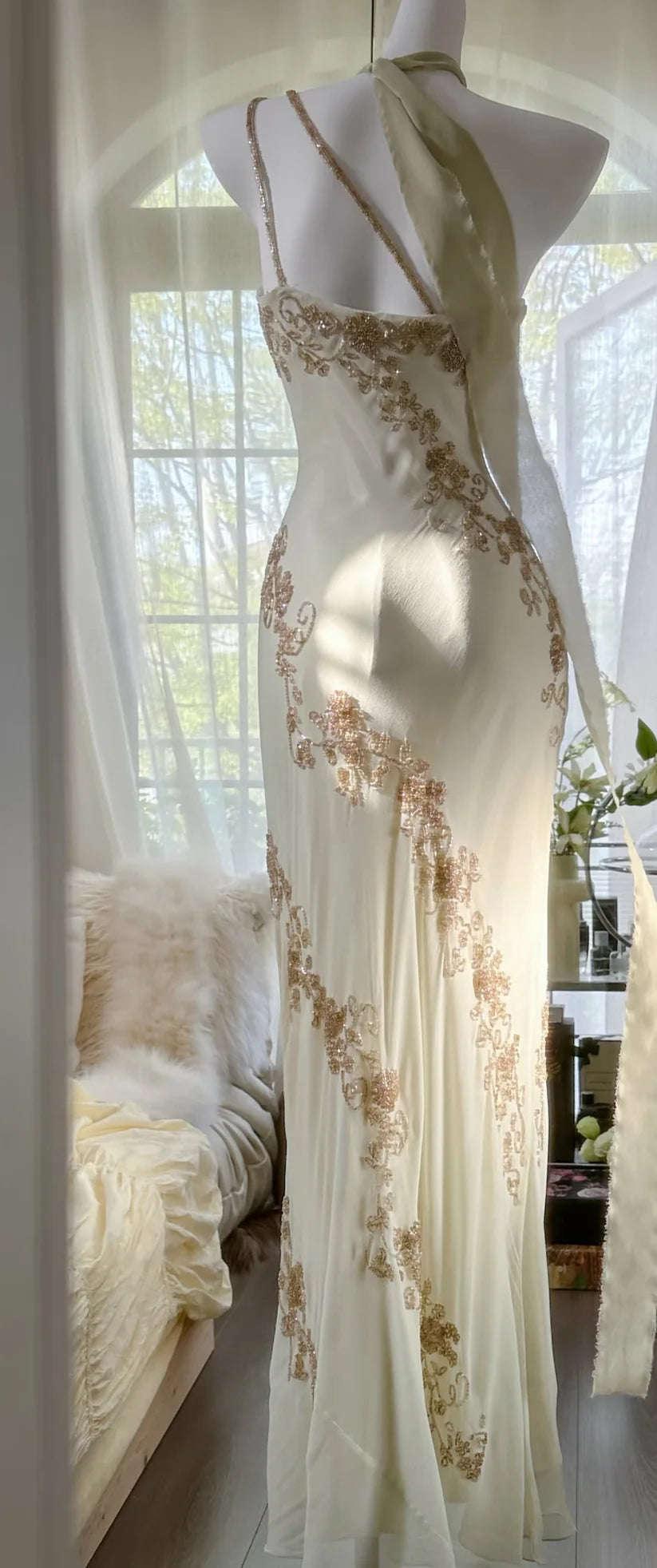 Robe de soirée trapèze beige élégante, longue, en mousseline de soie, style sirène, coupe slim, style rétro, cadeau d'anniversaire, robe de bal, nv3990