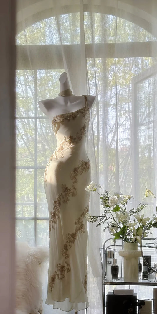 Beige Elegant A-line Exquisite Beaded Long Chiffon Mermaid Slim Retro Evening Dress Birthday Party Gift Ball Gown Prom Dress nv3990