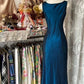 Blue Elegant A-line Long satin Mermaid Retro Evening Dress Birthday Party Dress Ball Gown Prom Dress nv3989