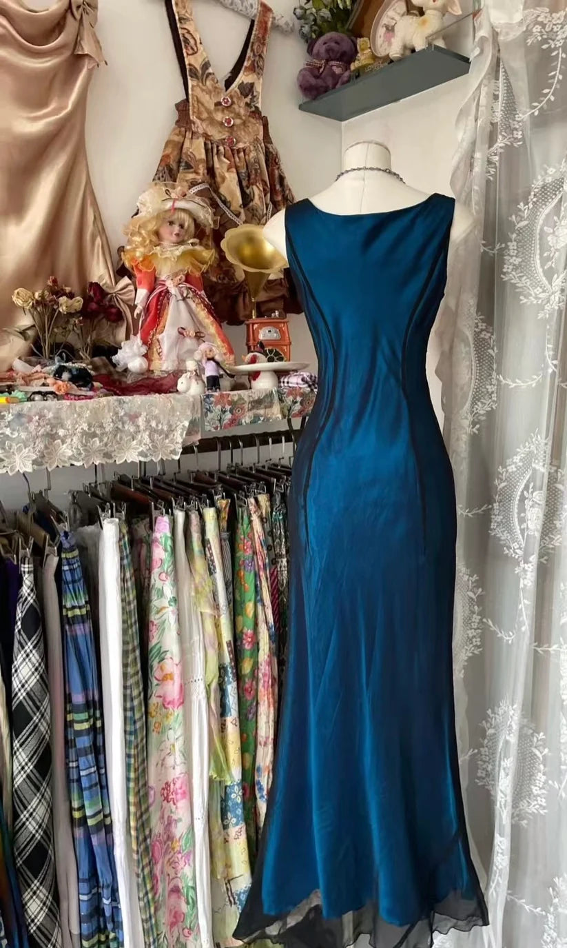 Blue Elegant A-line Long satin Mermaid Retro Evening Dress Birthday Party Dress Ball Gown Prom Dress nv3989