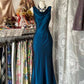 Blue Elegant A-line Long satin Mermaid Retro Evening Dress Birthday Party Dress Ball Gown Prom Dress nv3989